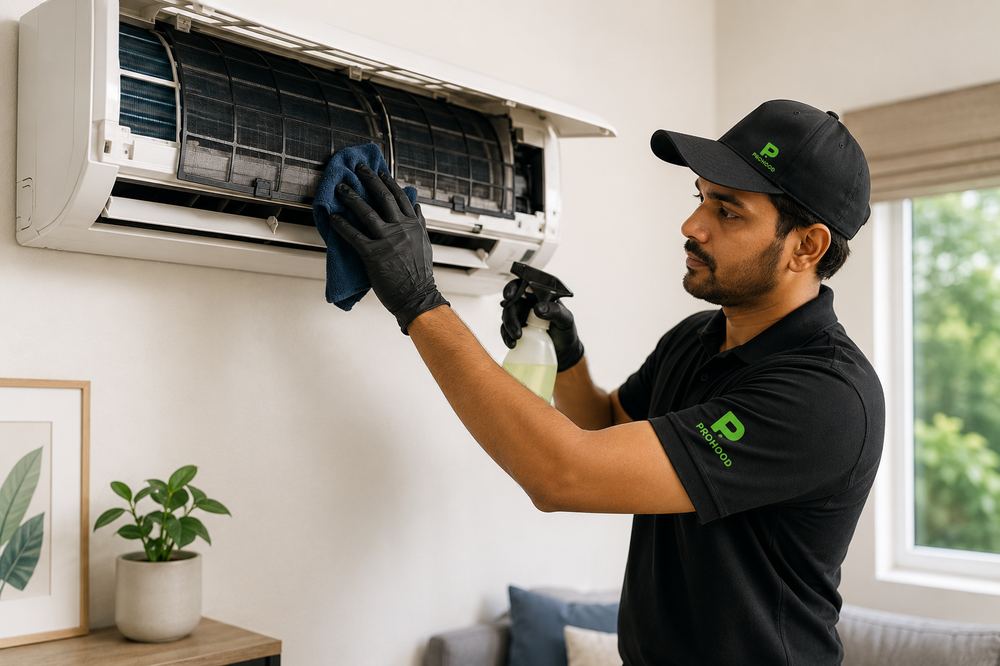 Prohood technician cleaning a split AC unit