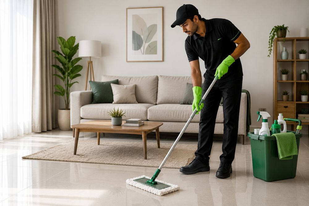 Prohood cleaning professional mopping a living room floor