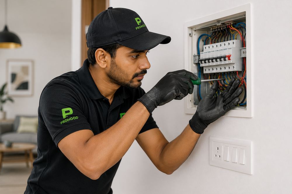 Prohood electrician repairing a home switchboard and wiring