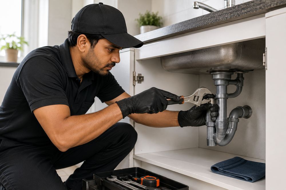 Prohood plumber fixing a pipe under a kitchen sink